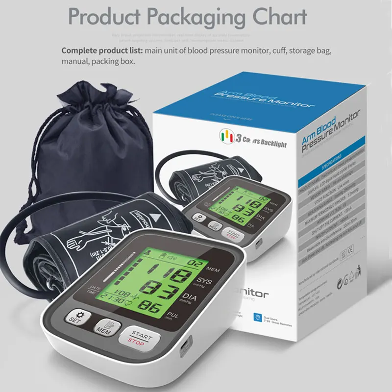 Three color display Upper Arm Blood Pressure Monitor Heart Beat Meter Machine  Large Cuff Portable Tonometer - AliExpress