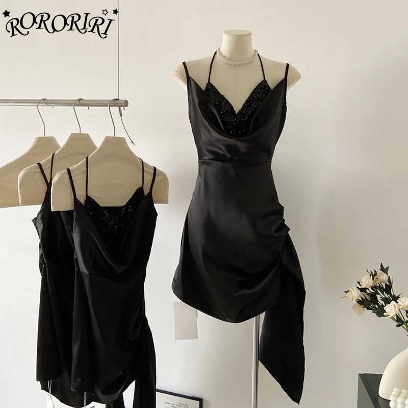 

RORORIRI Fake 2-piece Sequin Evening Mini Dress Women Black Bandage Draped Collar Ruched Bodycon Sparkle Party Formal One-piece