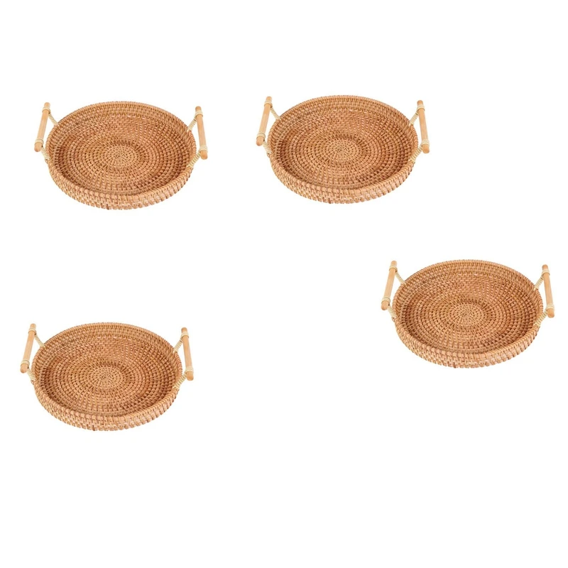 

4X Rattan Bread Basket Round Woven Tea Tray With Handles For Serving Dinner Parties Coffee Breakfast (8.7 Inches)
