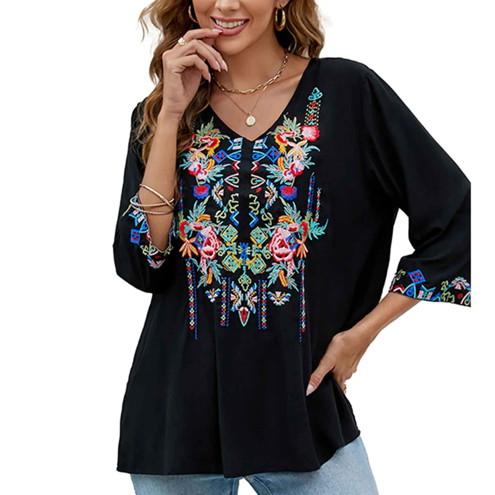 

AYUALIN Casual Cotton Rayon Blouse Tops Summer Boho Beach Blusas Vintage Ethnic Floral Embroidery Loose Blouses Shirts for Women