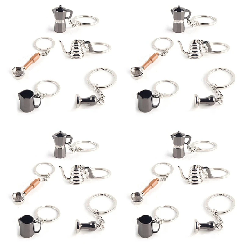 20PCS Creative Barista Coffee Tamper Keychain Espresso Portafilter Moka Pitcher Keyring Portable Coffee Accessories Gift