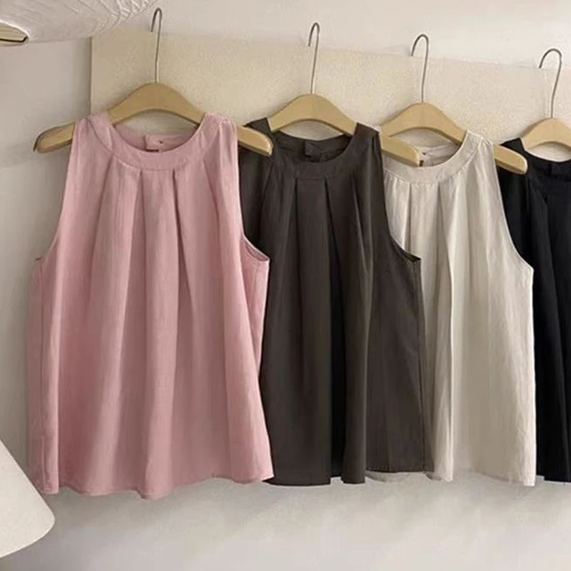 Pink Solid Sleeveless Vest Summer  Youthful Woman Trend Solid Casual T-shirt Sweet O-neck Age reduction Doll Top New In Clothing