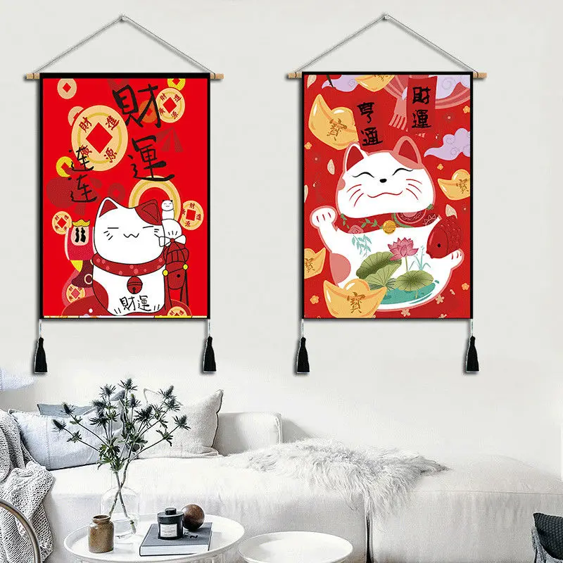 

Япония, кошка удачи, Свиток, Настенный декор, картины, аниме постеры, гостиная, наклейка, эстетическое висячее украшение для ресторана, насте...