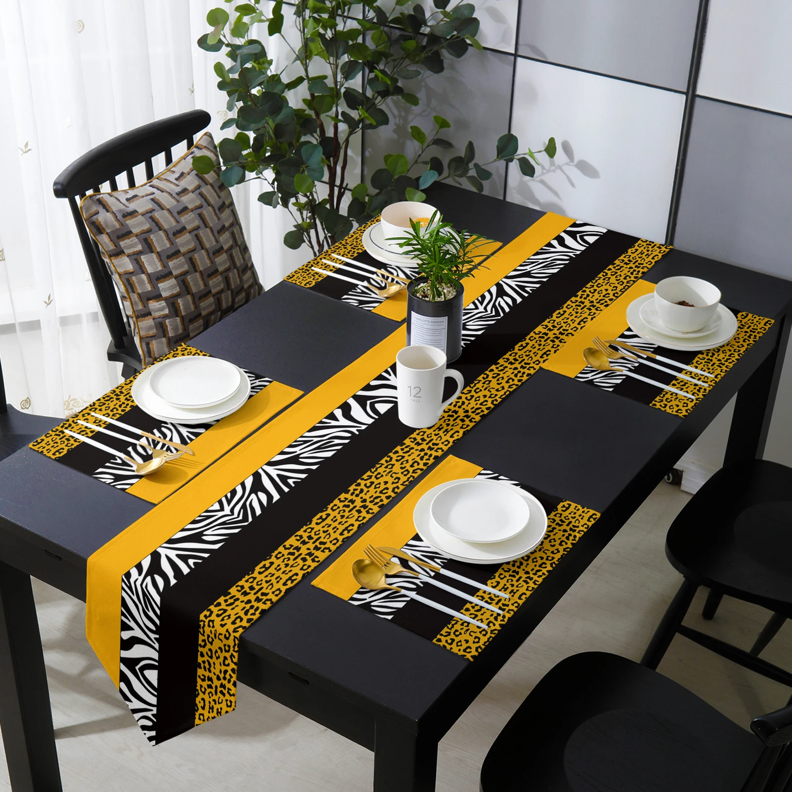 Modern Elegant Yellow Leopard Zebra Stripes Table Runner Placemat Set