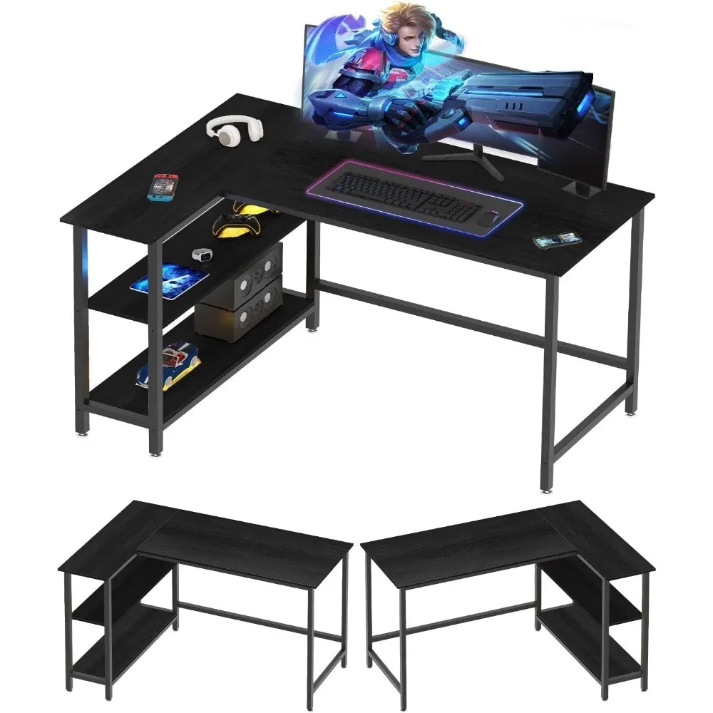 An ergonomic L-shape desk designed for gamers, featuring a computer monitor displaying a character, speakers, and desk organizers to enhance the gaming experience.