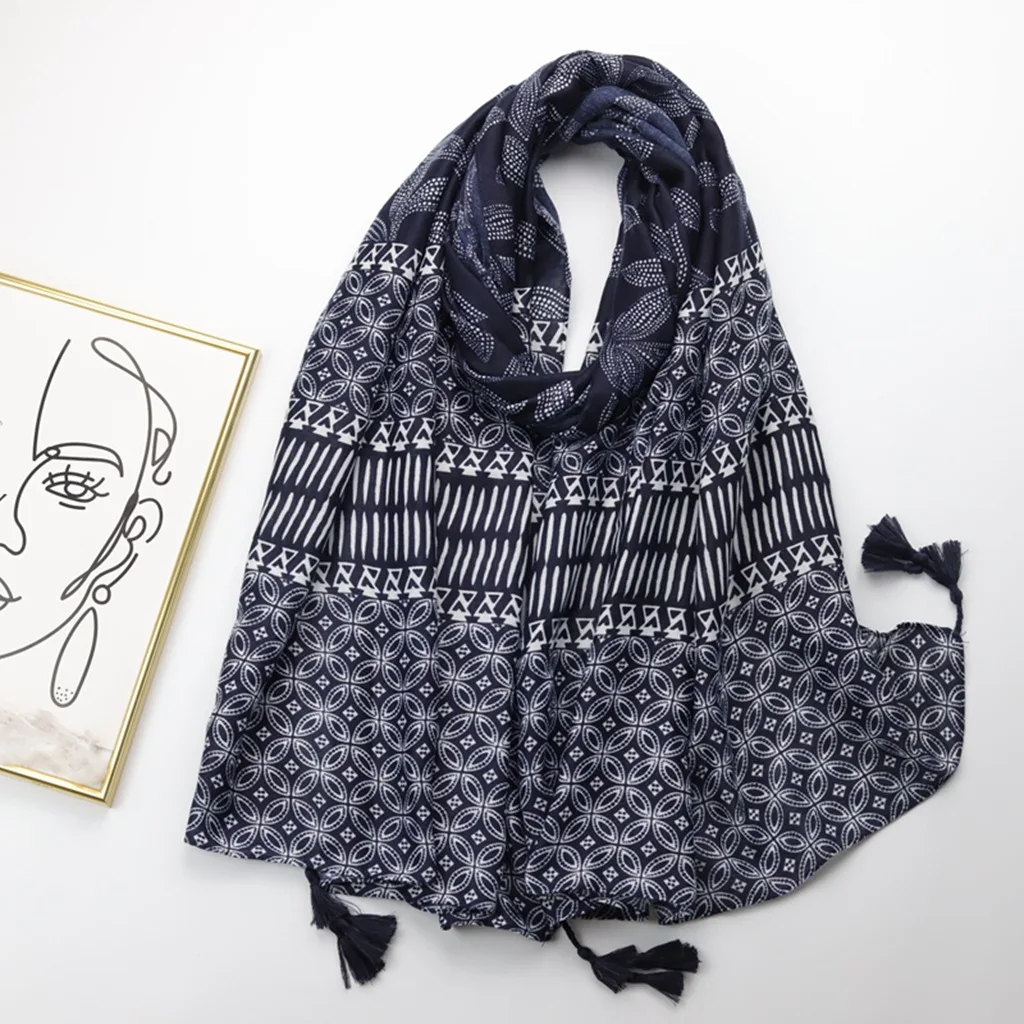 

Женский шарф с бахромой, винтажный мягкий хиджаб с цветочным принтом, 2023