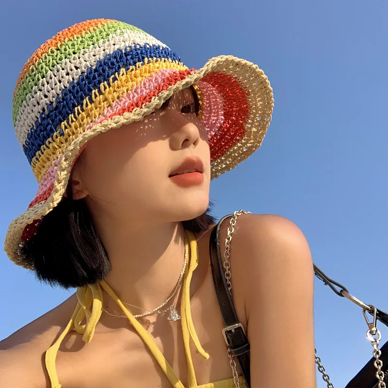 New Pattern Rainbow Grass Weaving Fisherman Adult Female Summer Breathable Sunshade and Sunscreen Hat DM6 grass adult female girl summer beach sunshade sunscreen grass weaving hollow out versatile show face small fisherman hat dm10