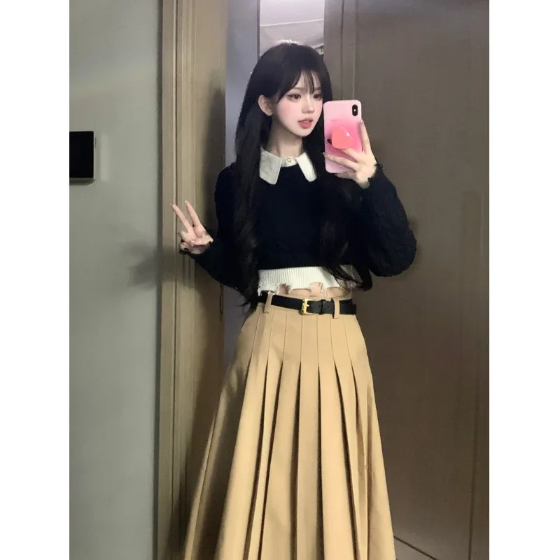 패치 워크 가짜 두 조각 깨진 가장자리 긴 소매 니트 스웨터 여성 가을 2023 새로운 Gyaru 슬림 핏 짧은 슬리밍 탑 