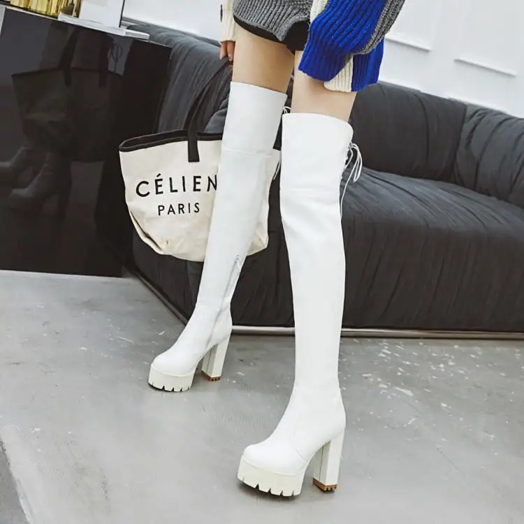 

2024 Winter Platform Boots Big Size 46 Women's Over The Knee Boots With Side Zip Fashion White High Heels Long Boots