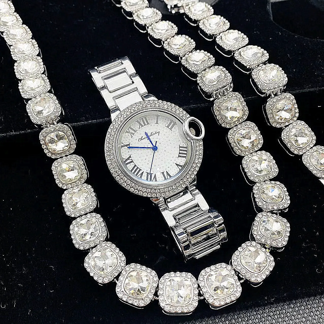 3PCS Gold Watch for Women Tennis Link Chain Bracelet Necklaces Choker Bling Fashion Jewelry for Women Watches Relojes Para Mujer