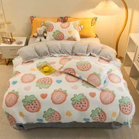 Cute Cartoon Strawberry Printed Duvet Cover Coral Fleece Autumn Winter Bed Wear Resistant Machine Washable Bedding Quilt Covers