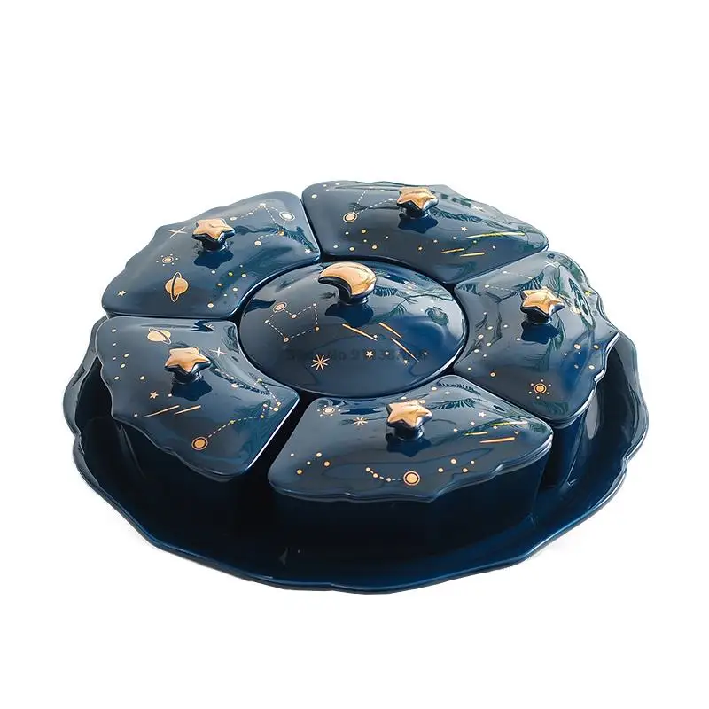 

High-end European Ceramic Dried Fruit Plate Starry Sky Rotatable 6-grid Lid Snack Dessert Tray Trinket Dish Cute Ceramic Tray