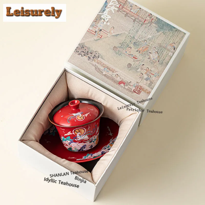 150ml Dunhuang Nine-color Deer Horseshoe Gaiwan Zen Tea Tureen Tea Bowl With Lid Kit Tea Brewing Cover Bowl Tableware Craft Gift