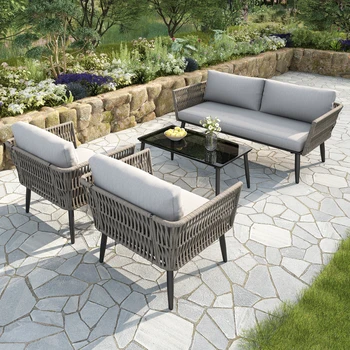 Set Lounge da giardino con divano a 2 posti, 2 poltrone e tavolino-PE intrecciato e acciaio zincato (cuscini in vetro nero/grigio) 1