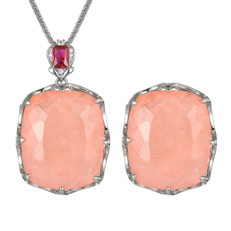 Large Cushion Cut Pink Rose Quartz Pendant Necklace Adjustable Ring Red Ruby Accent Statement Jewelry for Women Party Gift