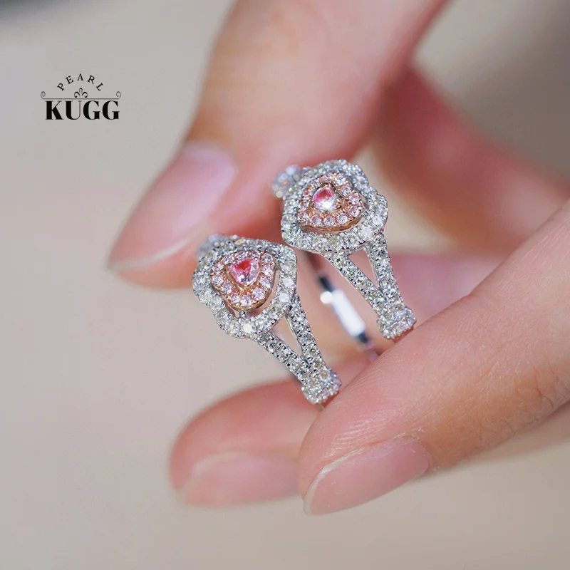 

KUGG 18K White Gold Rings Romantic Heart Design Real Natural Pink Diamond Engagement Ring for Women High Wedding Jewelry