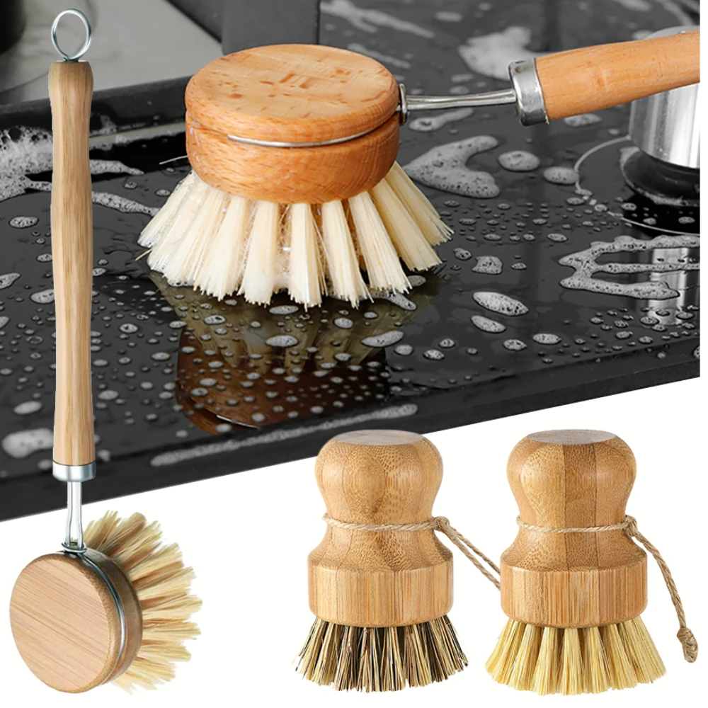 

Bamboo Kitchen Cleaning Brush Natural Dishes Pots Pans Sink Washing Brush Eco-friendly Clean Scrubber with Draining Storage Tray