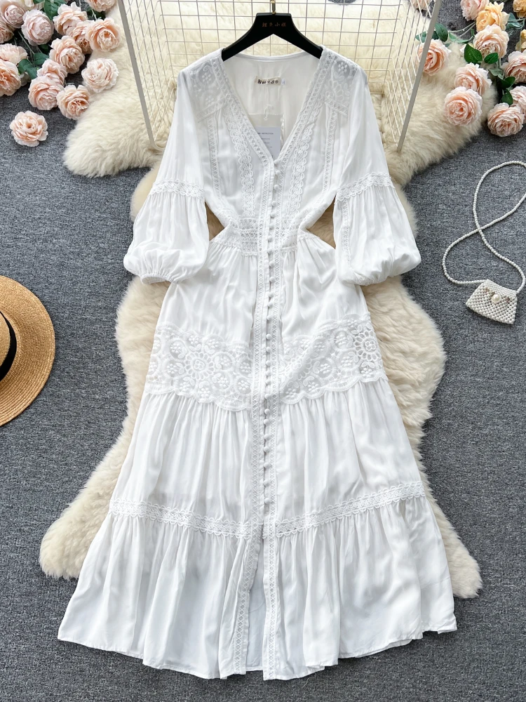 

FMFSSOM New Casual Spring Summer Solid Slim Button Short Lady Dress A Line V Neck Chiffon Single Breeasted Women Dresses