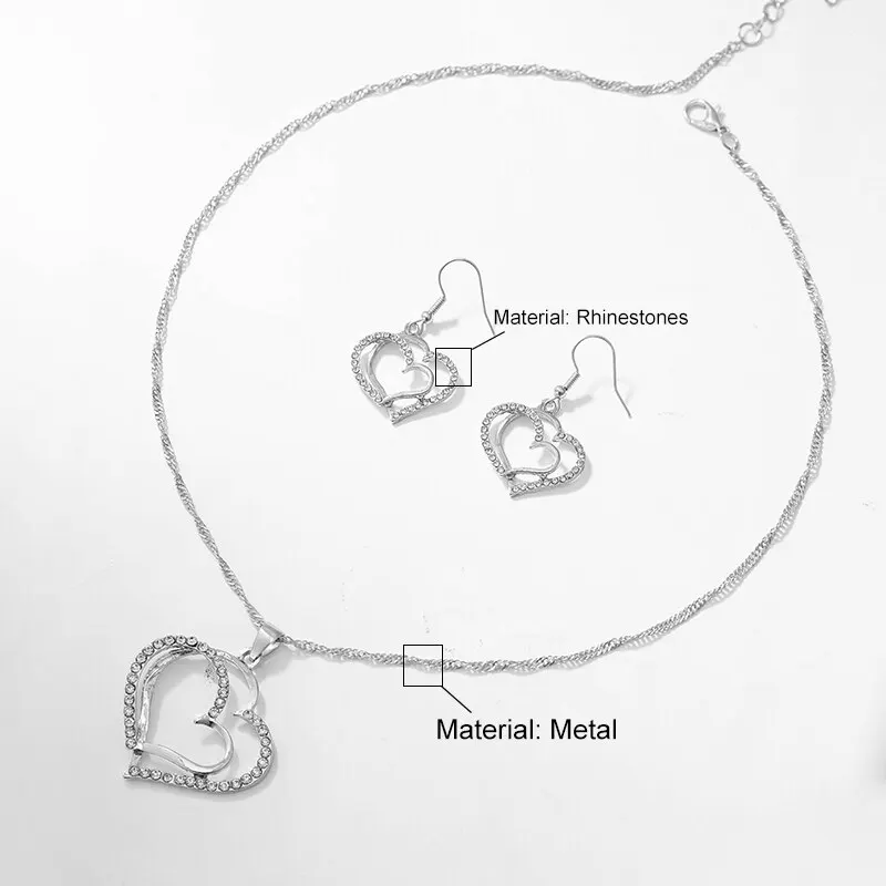 Sba963f73bac840799658fdac5c52e00ck 3 Pcs Set Heart Shaped Jewelry Set of Earrings Pendant Necklace For Women Exquisite Fashion Rhinestone Double Heart Jewelry Set Mallzona