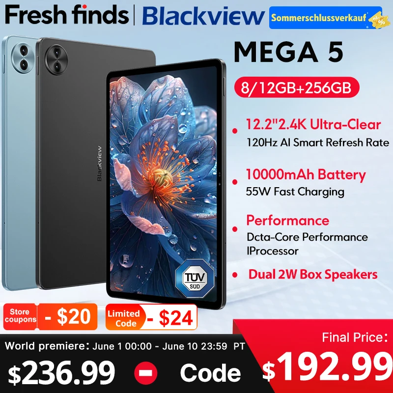 【Estreno mundial】Tableta Blackview MEGA 5 AI de 12.2 pulgadas con pantalla 2.4K a 120Hz, 12GB de RAM, 256GB de almacenamiento, batería de 10000mAh, carga de 55W, 4G, Android 16, tipo PC Pad