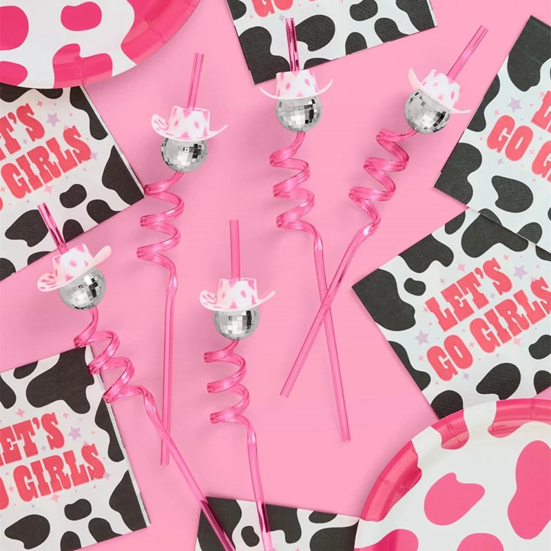 6/12Pcs Disco Ball Cowgirl Hat Straws Bachelorette Party Wedding Decoration Supplies 70s Disco Birthday Party Drinking Straws