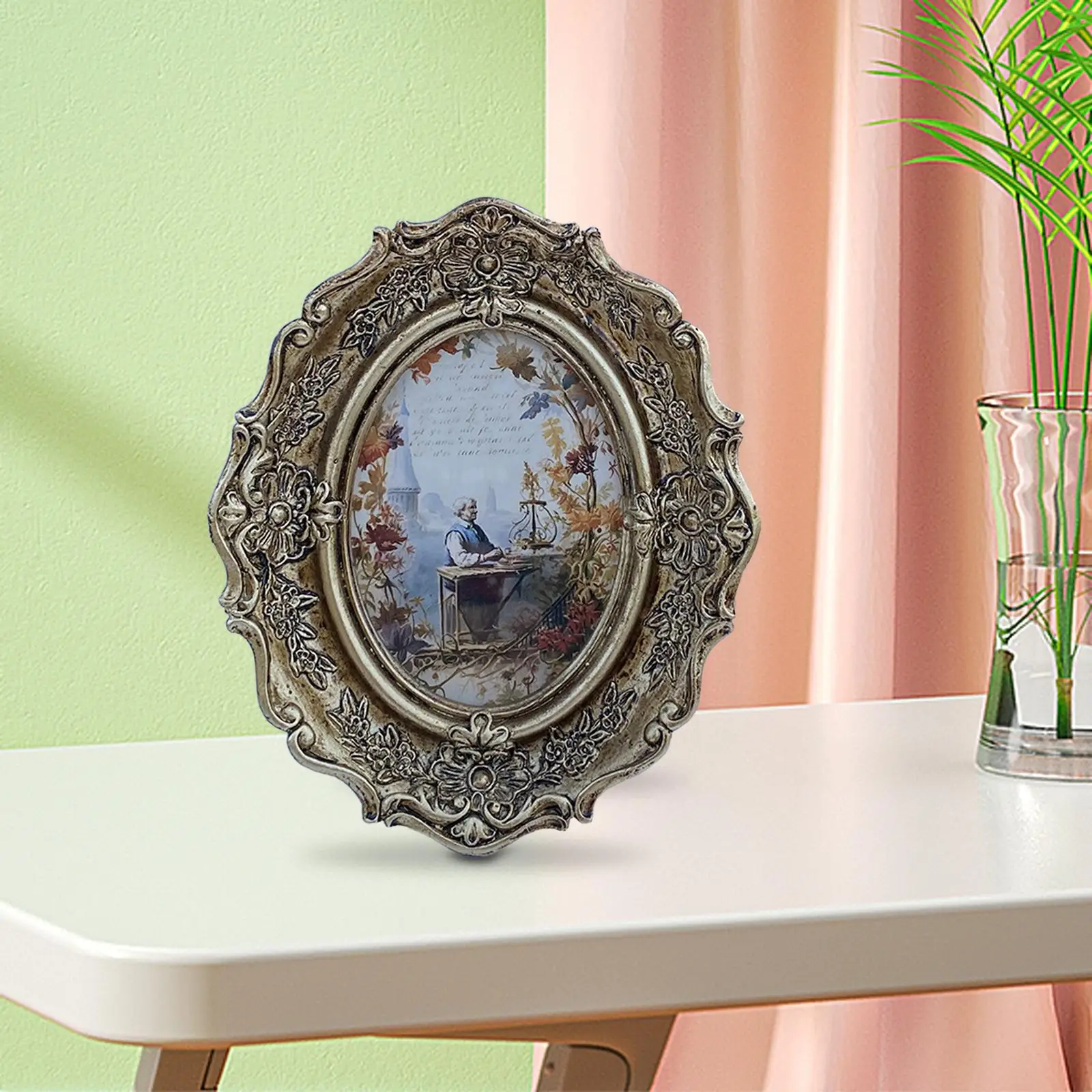 Picture Frame Room Oval Retro Desk DIY Elegant Antique Picture Display Photo Holder for Bedroom Holiday Table Hallway Party
