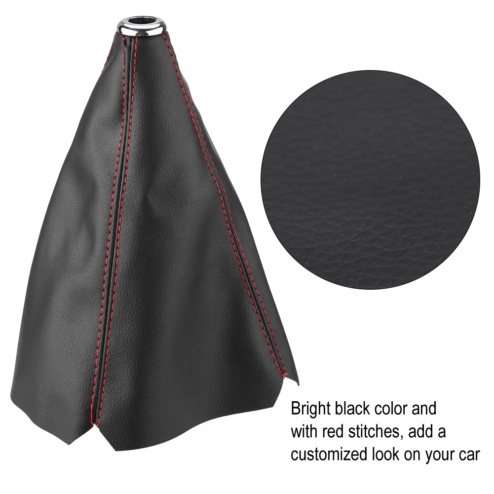 Universal Black PU Leather Gear Knob Cover with Red Stitching