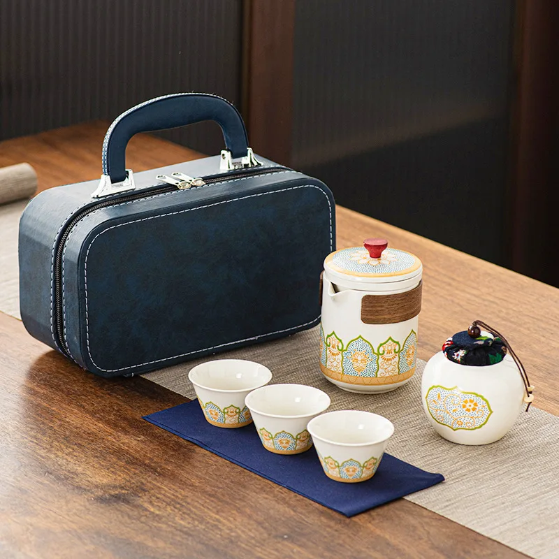 matcha matchaTravel Tea Set Portable Kung Fu Tea Set Ceramic Teapot Canister Cup Outdoor Quick Cup Canister Leather