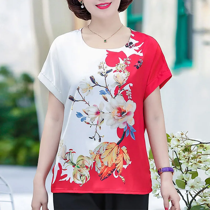 

Women Ice Silk T-shirts Vintage Floral Printed 2024 Summer Fashion O-Neck Loose Pullover Tops Short Sleeve Ladies Oversized Tees