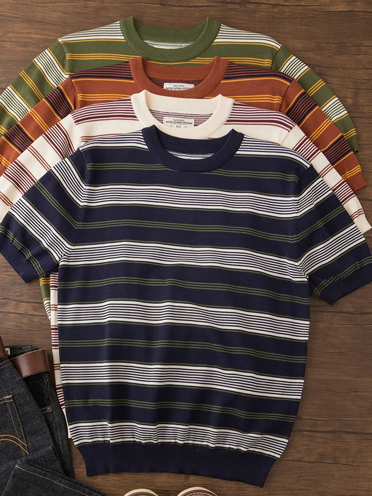 Heavyweight American Retro Airchi round Ne Elastic Stripe Lyocell  Knitted ort Sve Men's T-irt Summer Fai...