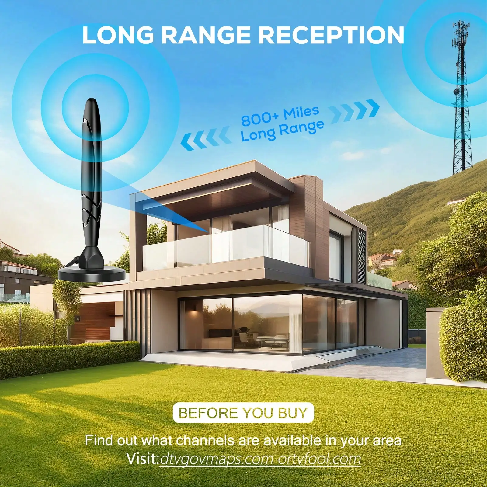 HD Digital TV Antenna Support 4K 1080p All TV on VHF UHF Local Channels with Signal Booster Amplifier+Strong Magnetic Base