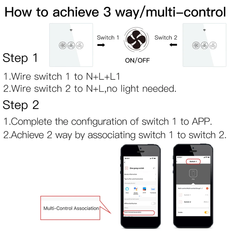 Description Picture 4 of itemWiFi RF433 Smart Ceiling Fan Switch Smart Life/Tuya App 2/3 Way control Wireless Remote Control Works with Alexa and