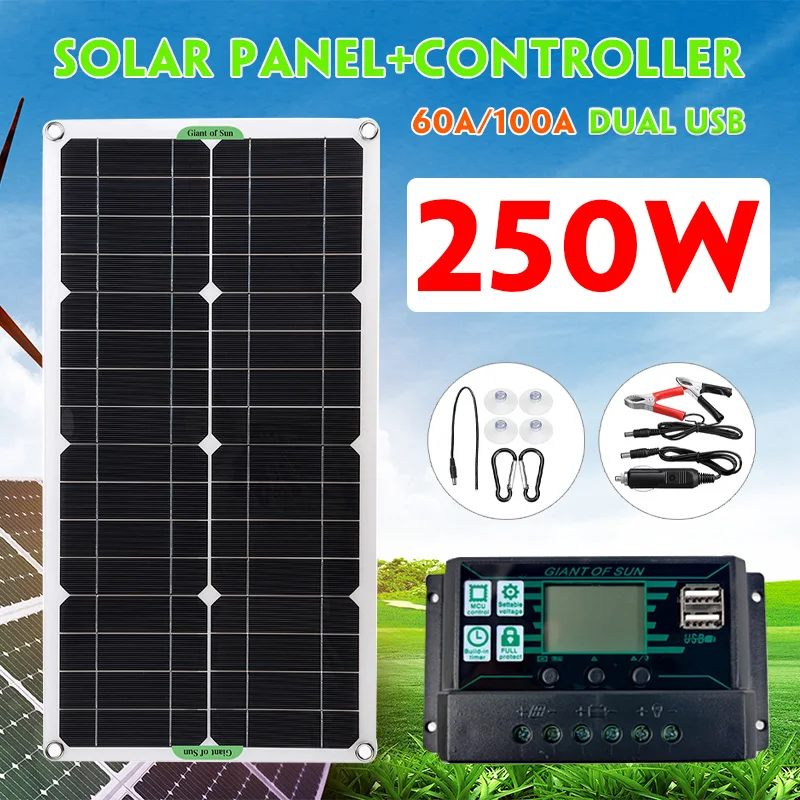 Pannello Solare 250W 18V Modulo Fotovoltaico Monocristallino Ad Alta Efficienza Power Dual Usb Charger Con Controller Solare 100A