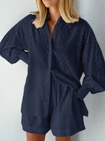 Casual Loose Women Short Two Piece Set Suit Fashion Blouse Long Sleeve Shirt Lady Simple Style Shorts Streetwear Blouse Tops - Image 4