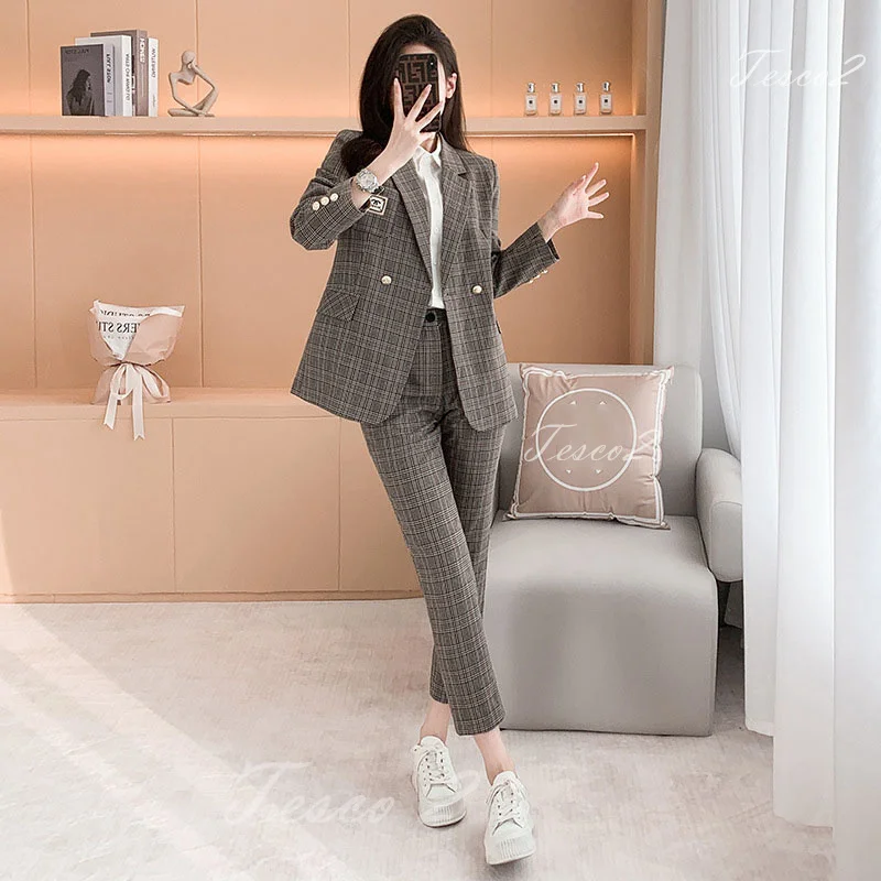 Tesco Popular Plaid Women Korean Style Suit Double Breasted Jacket+Trousers Temperament Slim Fit Elegant Female Pantsuit 2 Piece