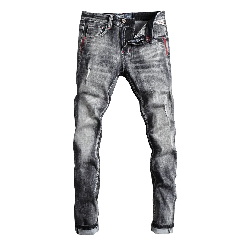 Men Jeans Ripped Jeans Italian Style Fashion Men Jeans Retro Gray Elastic Slim Fit Ripped Jeans Men Trousers Vintage Designer Casual Denim Pants Hombre