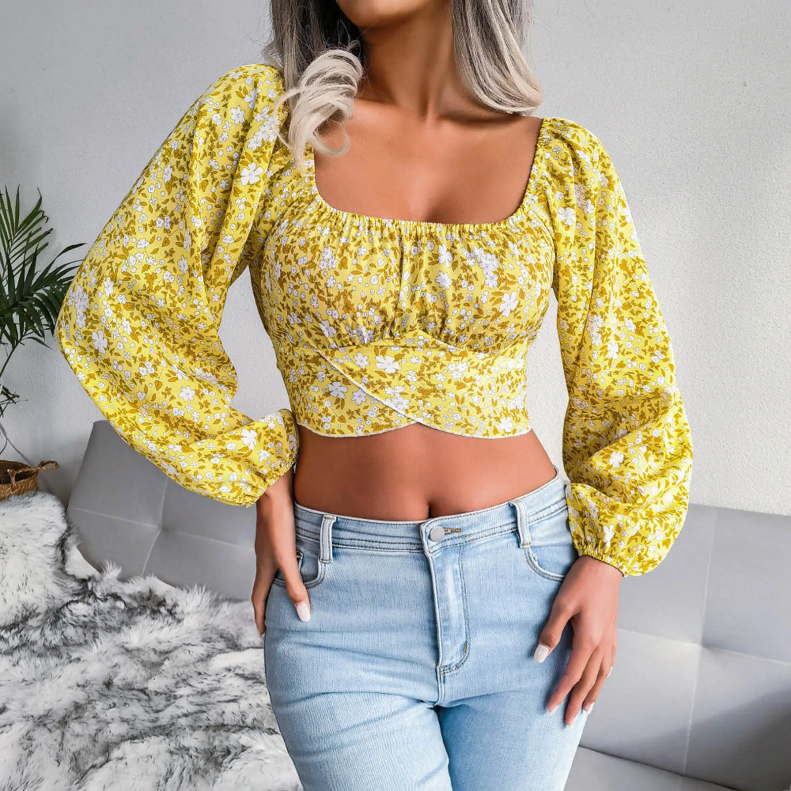 

Fashion Floral Print Square Neck Chiffon Blouses Long Sleeve Tops Women Dressy Casual Ladies Elegant Shirts Cropped Blusas