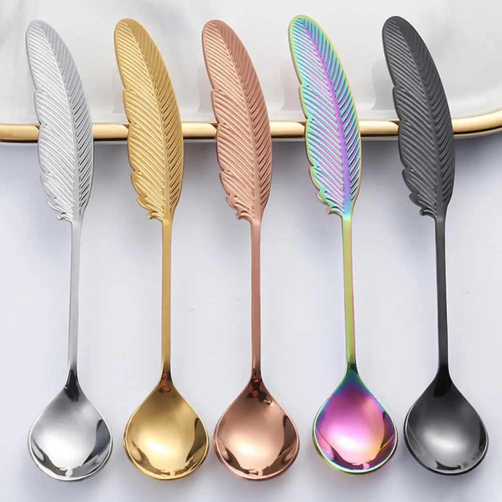 15.5cm Coffee Spoon Feather Shape Handle 304 Stainless Steel Tea Dessert Mixing Spoon Stirring Dinnware Home Kitchen Accessories