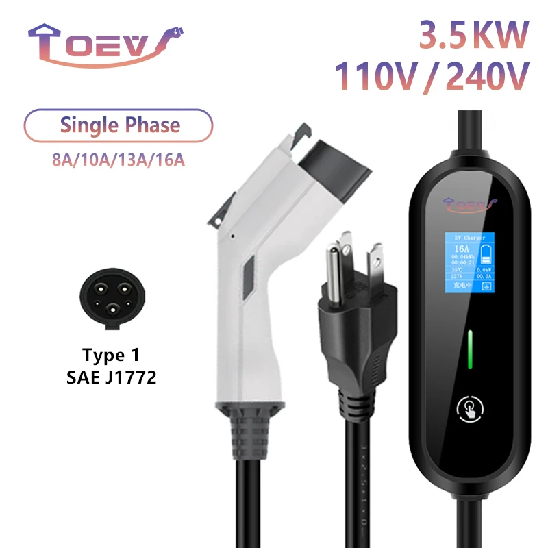 Toev Portable Ev Charger Type1 Sae J1772 16A Evse Cavo Di Ricarica Tipo 1 3.5Kw Us Plug Controller Wallbox Per Auto Elettrica