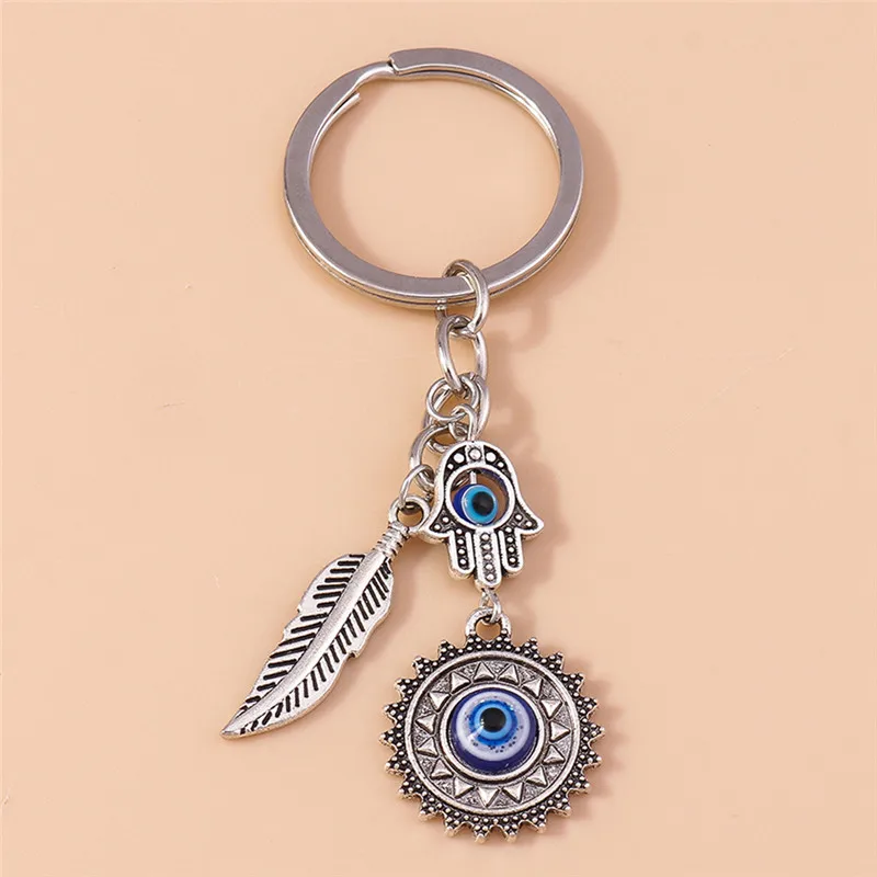 보헤미아 Evil Eye Hamsa 남성용 핸드 키체인, 블루 아이 태양 깃털 키 링, 가방 펜던트, 자동차 키 홀더 링, 도매, 1PC 