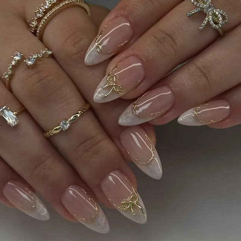 24pcs French Fake Nails Finished Almond Nails Sets Golden Bow Design False Nail Art Simple Datachable Press on Tips
