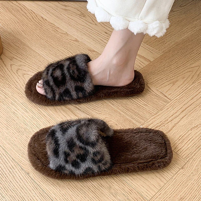 Open Toe Leopard Print Plush Slippers Women Comfort Anti Slip Home Cotton Slippers Woman Soft Sole Warm Faux Fur Slippers Female