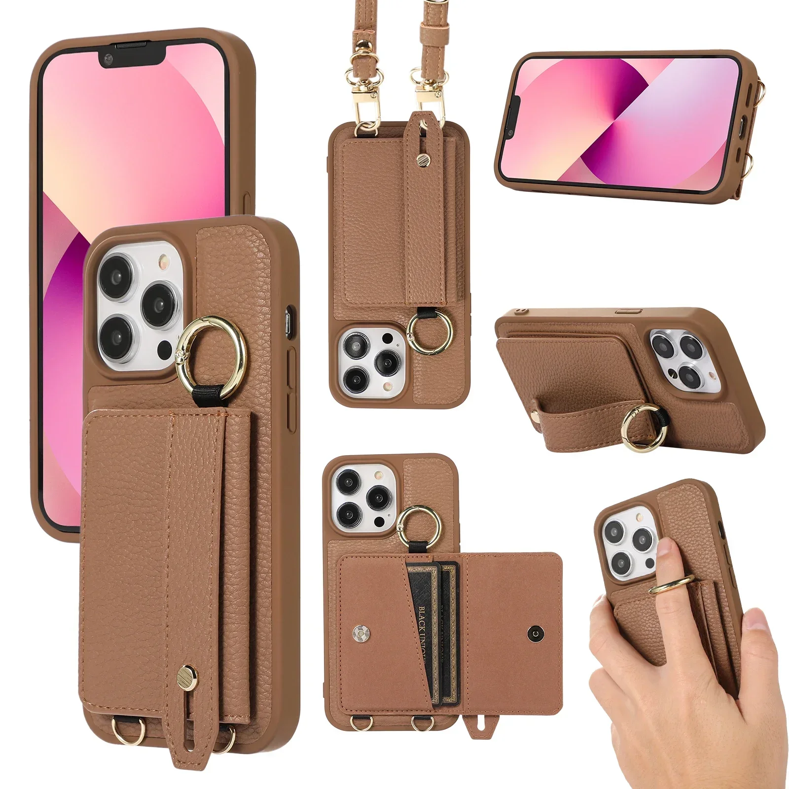 Leather Wristband Wallet with Card Slot and Crossbody Design, Featuring Ring Holder and Lanyard