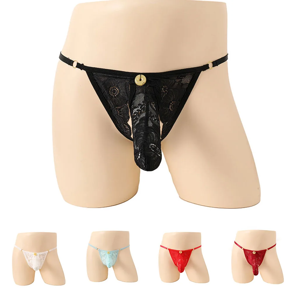 

Men Sexy Lace G-string Thongs Mesh Beaded Jockstrap Open Butt JJ Sheath Panties Underwear Sissy Briefs Bikini Hombre Lingerie