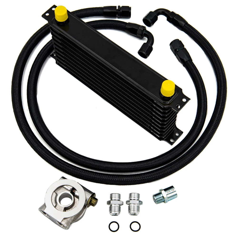 Oil Cooler Kit 10 Rows Transmission Oil Filter Adapter Nylon Stainless Steel Braided Hose Thermostat Adapter