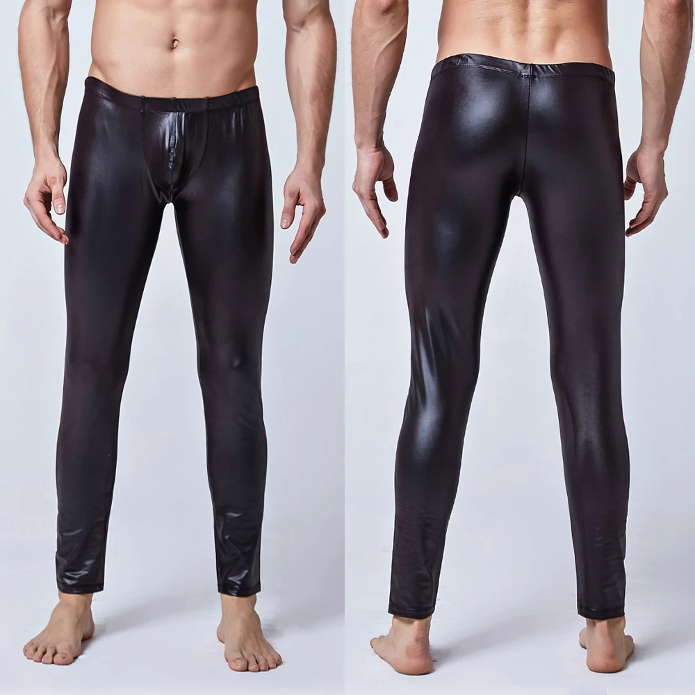 Stretch Long Pants Men Sexy Slim Wet Look PU Leather Pants Big Penis Big Pouch Trousers Tight Leggings Club Nightclub Stage Show