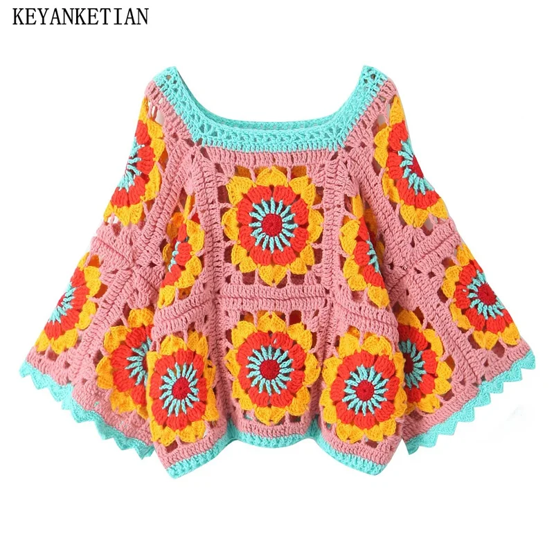 

KEYANKETIAN New Launch Women's Hand-Made Floral Crochet Plaid Sweater Holiday wind Chic Hollow out Coarse Yarn Short Knitwear