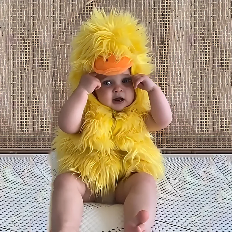 Umorden Baby Yellow Duck Costume Cosplay Kigurumi Cartoon Animal Rompers Infant Toddler Jumpsuit Flannel Halloween Fancy Dress