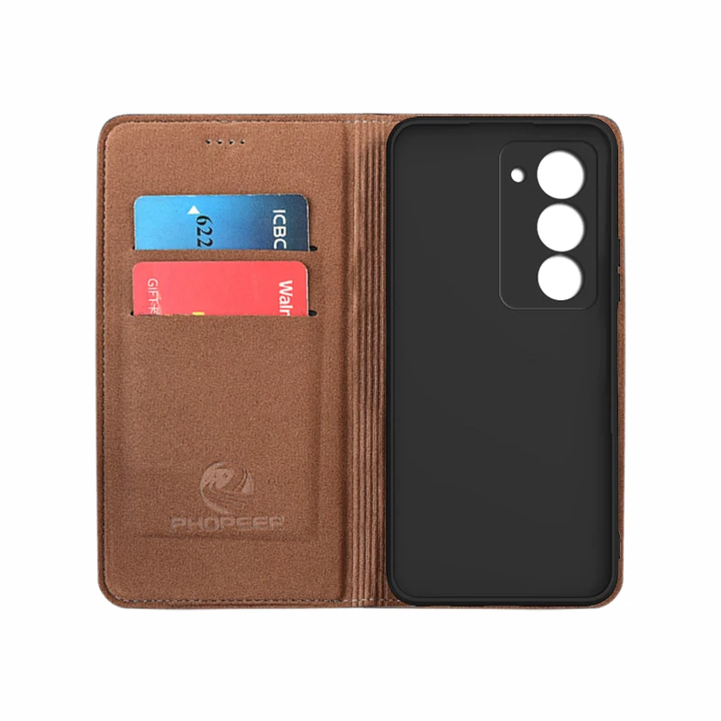 Luxury Genuine Leather Flip Case with Magnetic Closure and Card Pocket Wallet - Grid Pattern Cover
