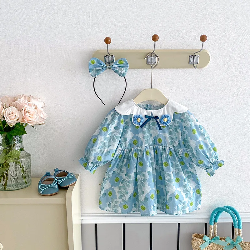 Blau Gedruckt Mädchen Kleid Baumwolle Baby Mädchen Kleider Neugeborenen Blume Drehen Unten Kragen Strampler Herbst Nette Bodys Kleidung – Detail 5